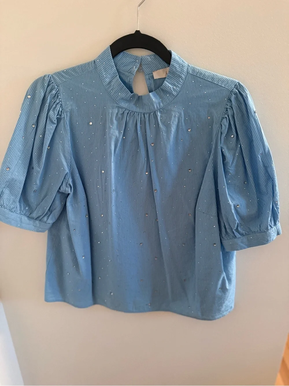 Women’s LOFT Light Blue Crystal-Embellished Puff Sleeve Blouse